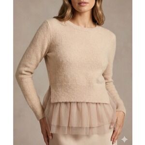 LARA‎ Women Fuzzy Knit Crop Sweater Tulle Ruffle Hem Beige M Unique Ballet Y2K